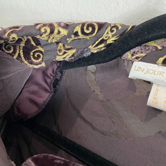 Un Jour Ailleurs Womens 10 Button Up Velvet Burnout Shirt Tunic Top Purple Gold - Picture 13 of 13